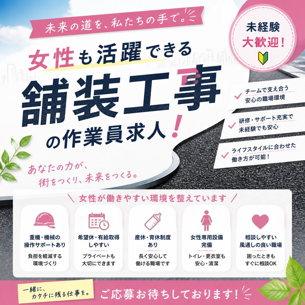 女性も活躍できる舗装工事の作業員求人！
